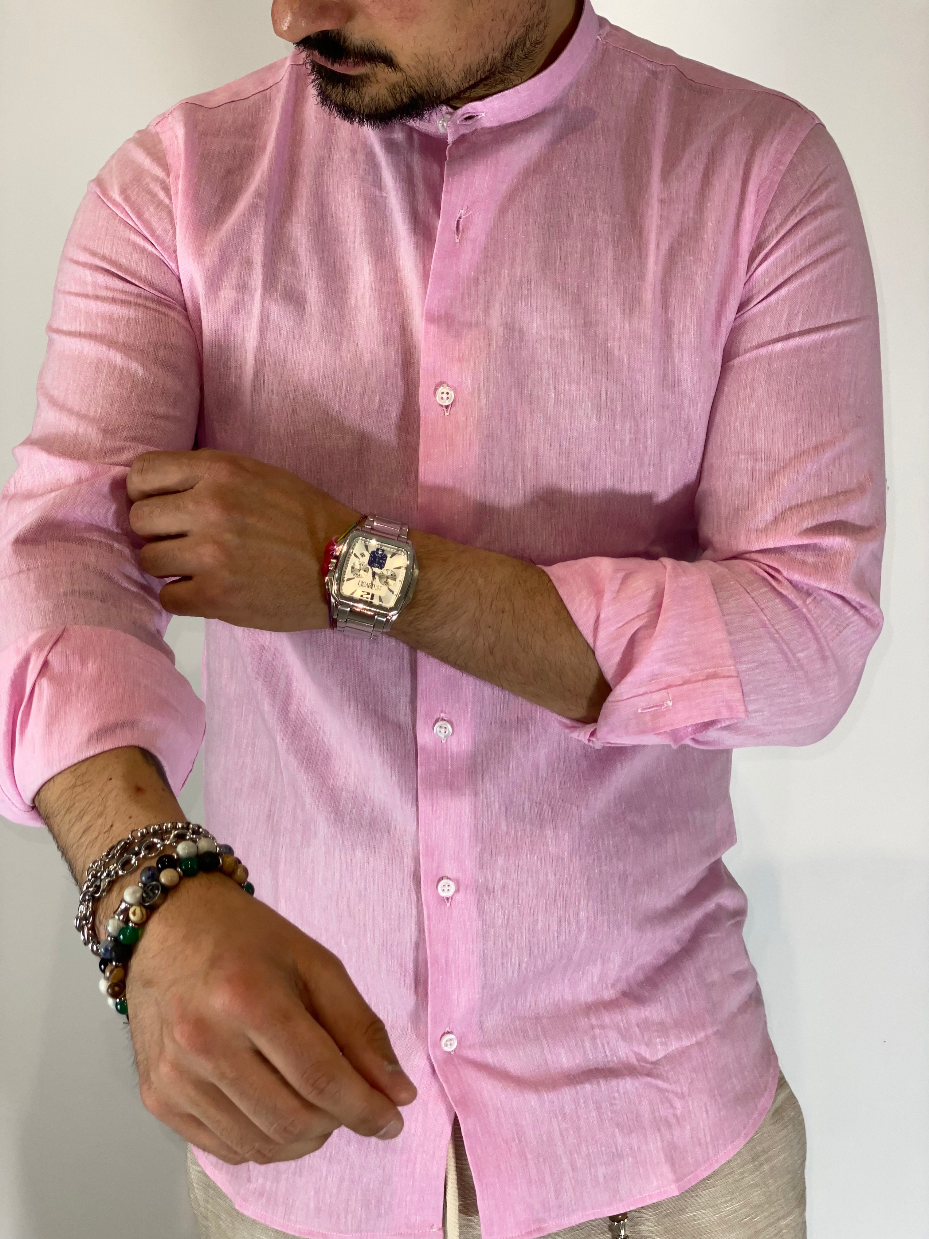 Camicia Uomo In Lino Colletto Alla Coreana | Maniche Lunghe Casual Sciolta | Primavera Estate Rosa
Taglie Forti XL
