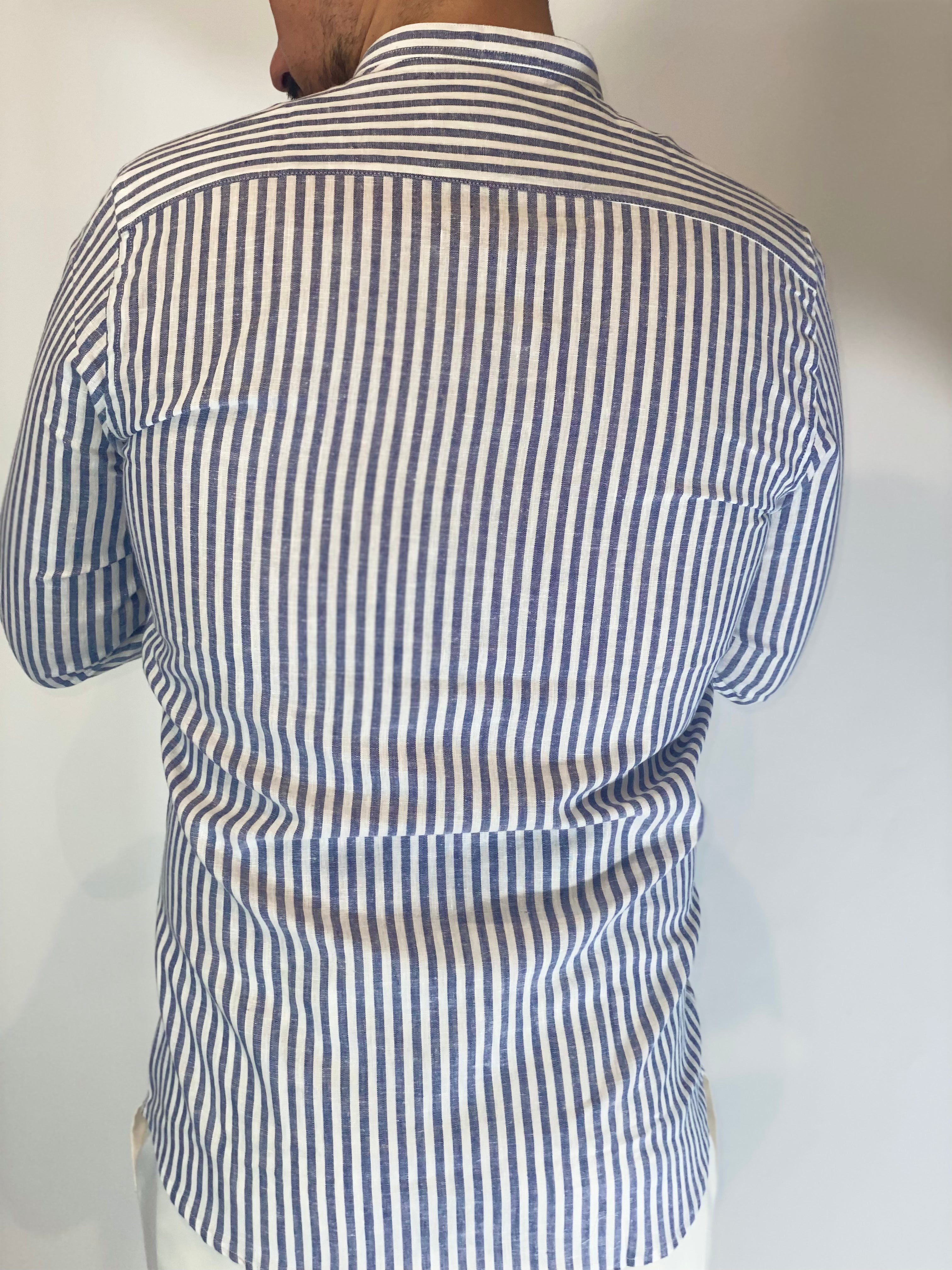 Camicia Lino stretta coreana migliaccio BLU