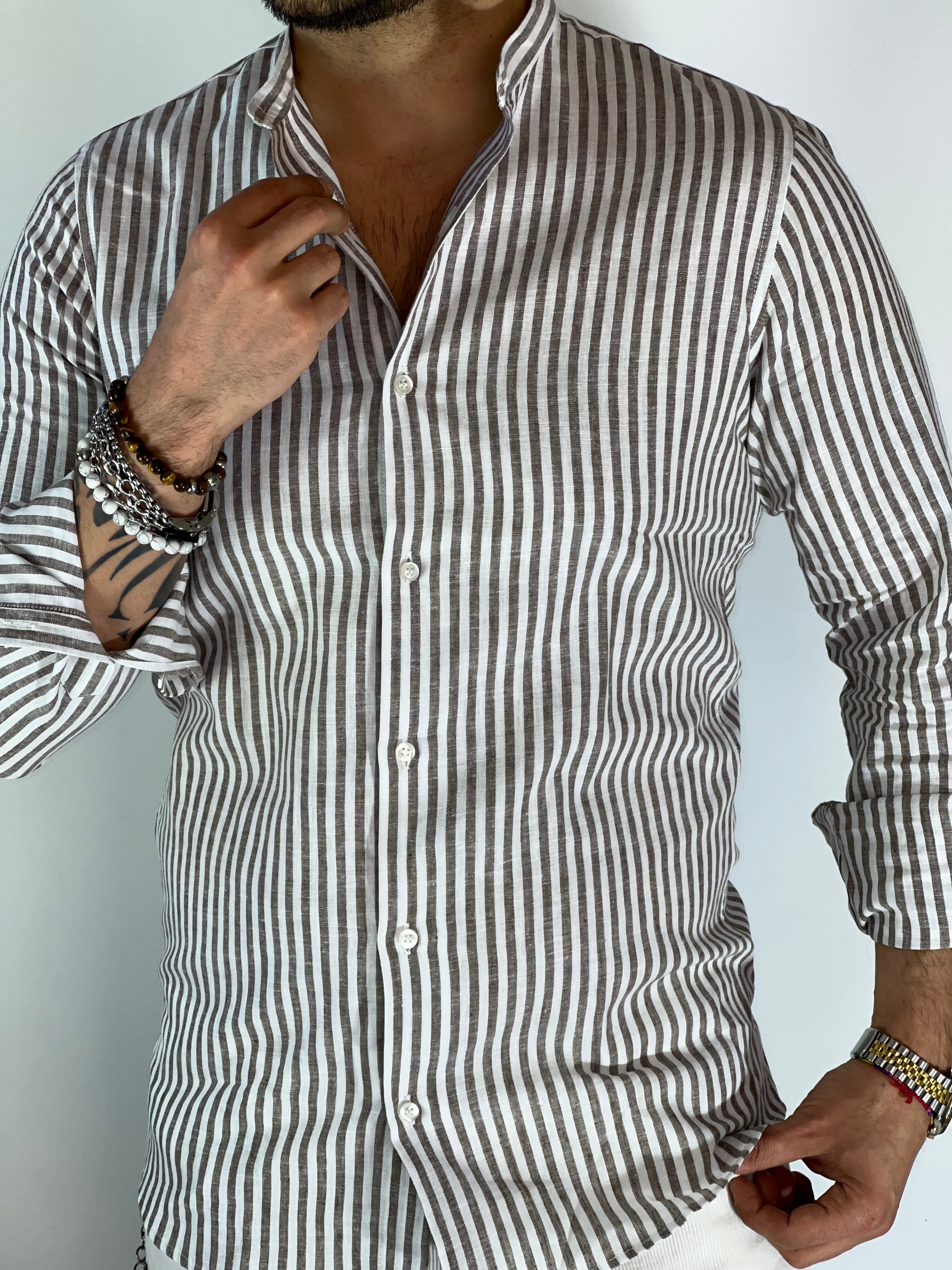 Camicia lino stretta coreana migliaccio MORO
