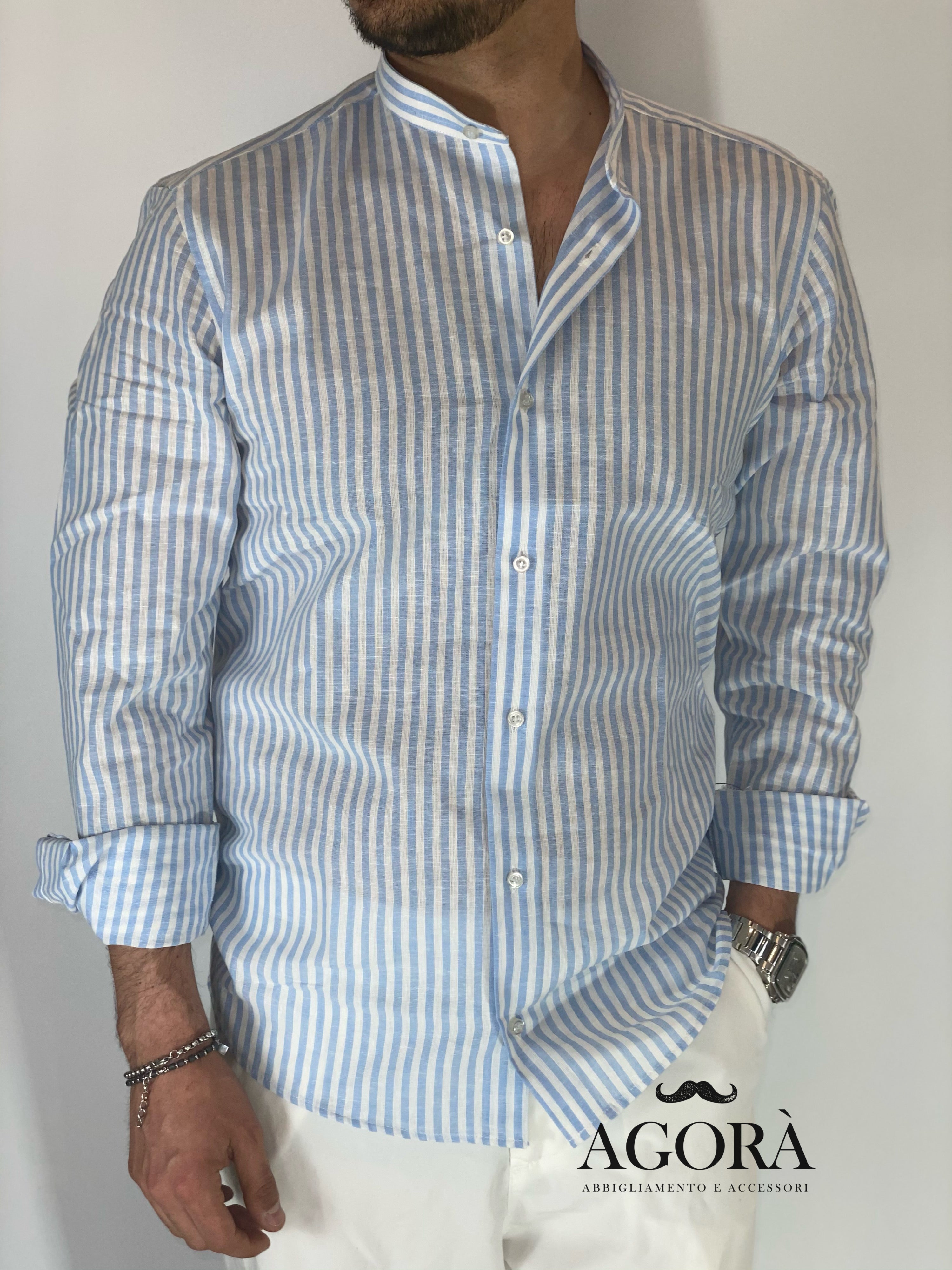 Camicia lino stretta coreana migliaccio CIELO