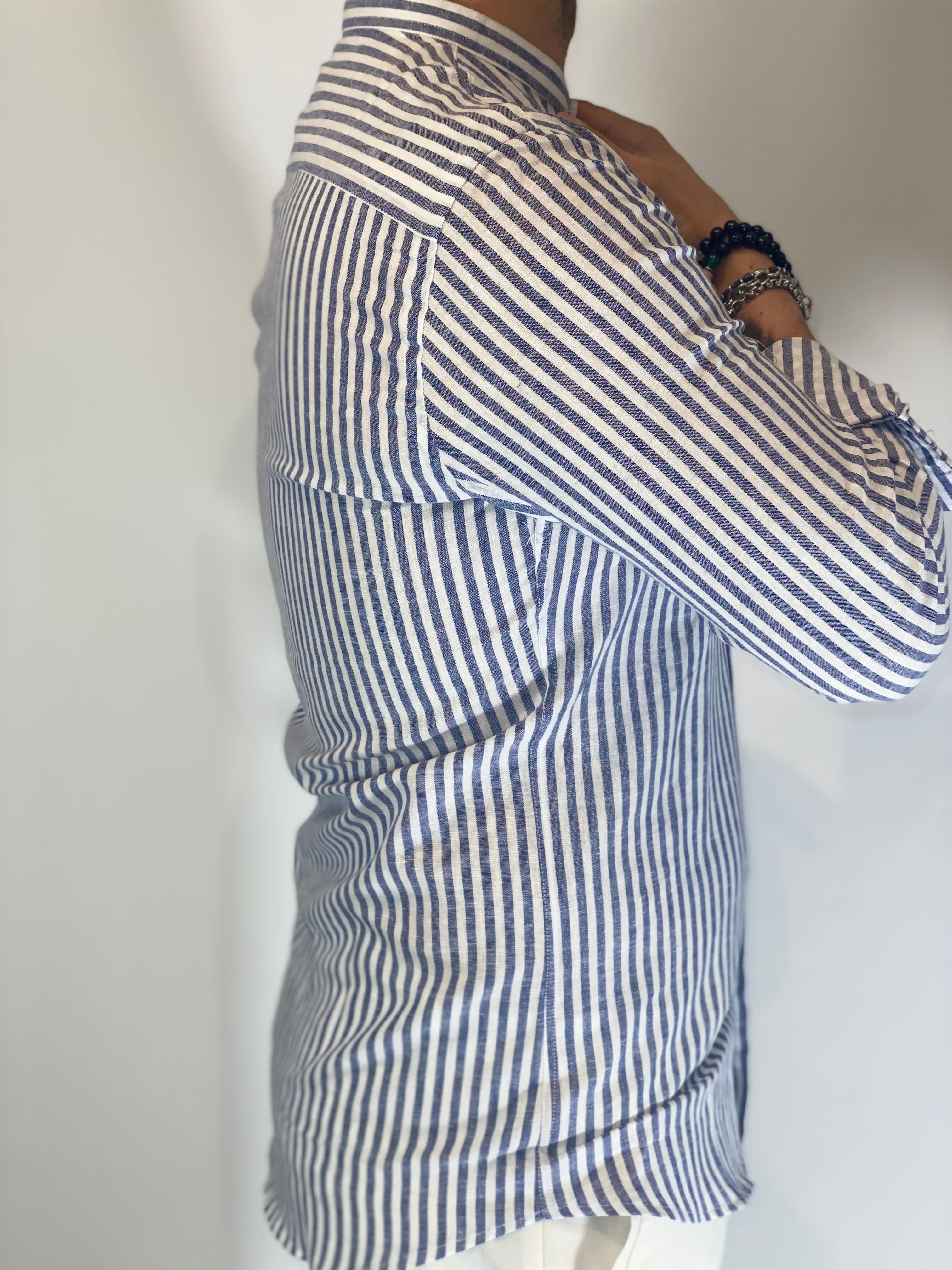Camicia Lino stretta coreana migliaccio BLU