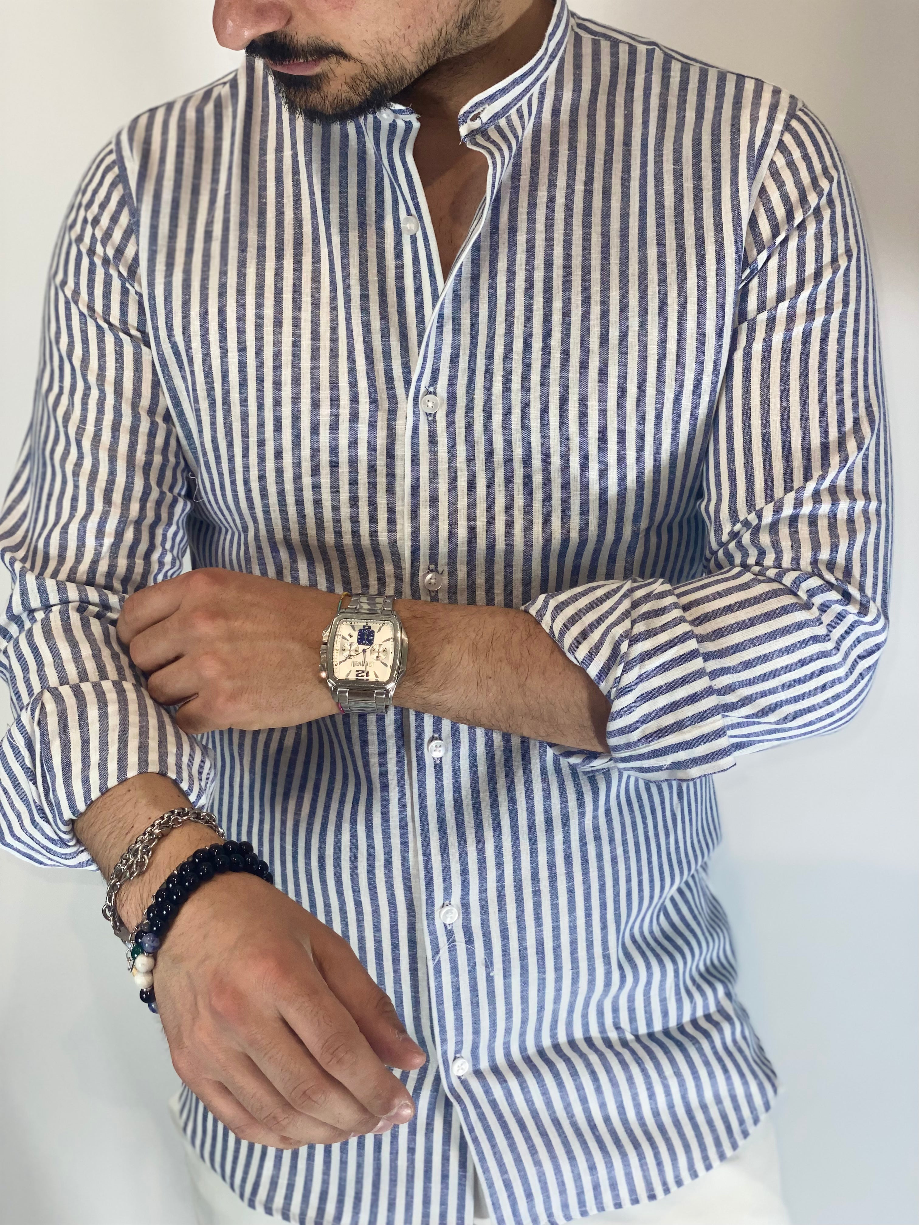 Camicia Lino stretta coreana migliaccio BLU