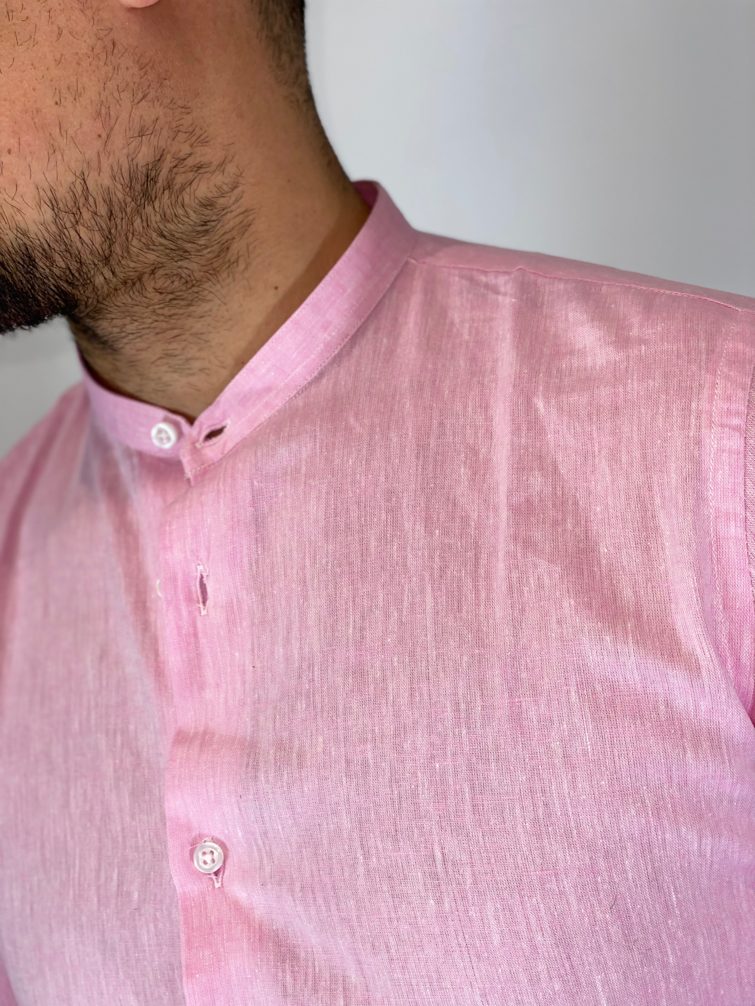 Camicia Uomo In Lino E Cotone Manica Corta | Cromoncent Rosa Puro, Taglia 3XL, Tessuto Morbido